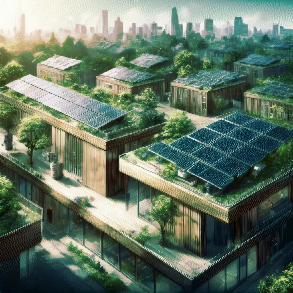 Illustration d'un quartier urbain durable avec des bâtiments équipés de panneaux photovoltaïques sur les toits, entourés de végétation luxuriante et intégrés dans un environnement vert.